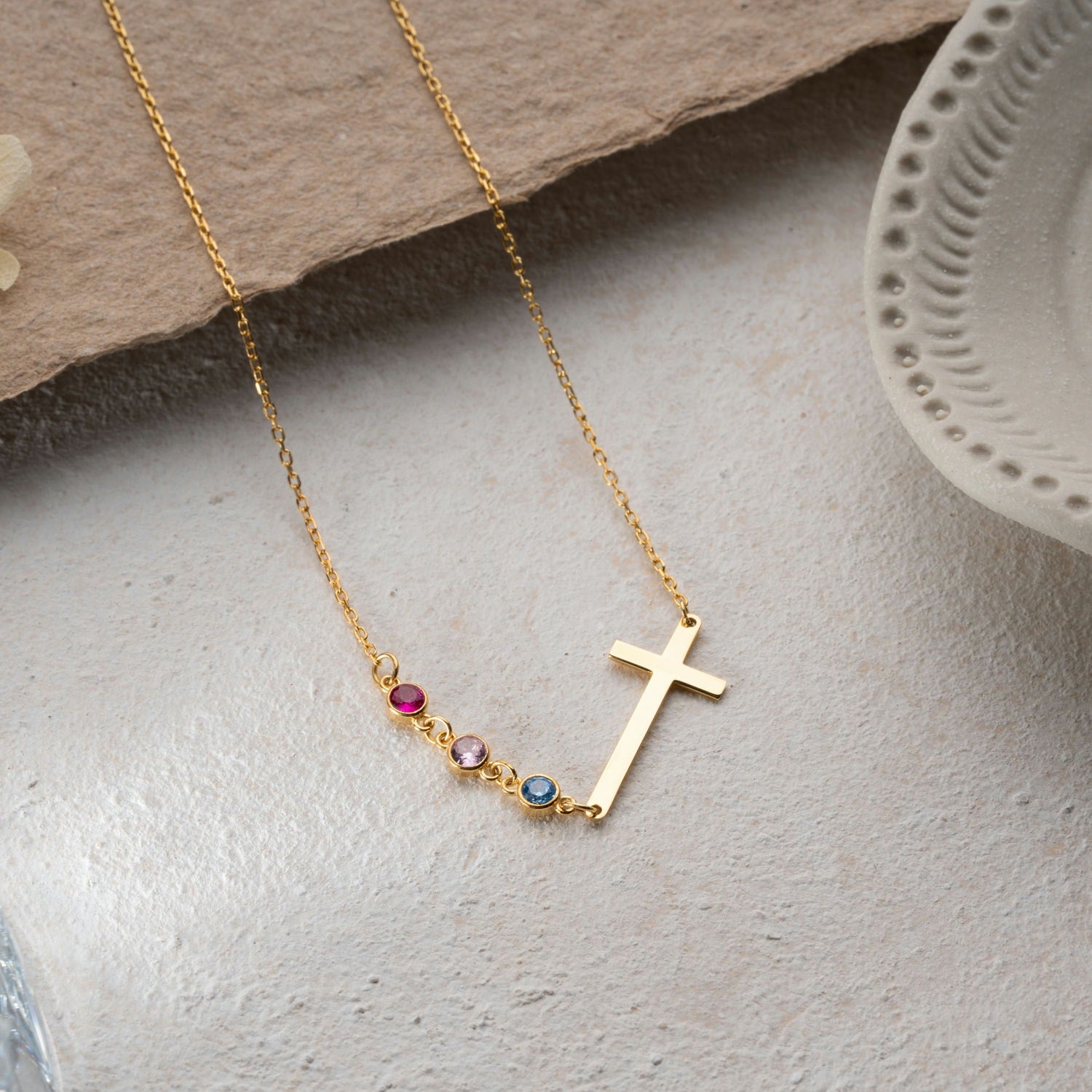 'Faith & Family' Personalised Cross and Birthstone Necklace