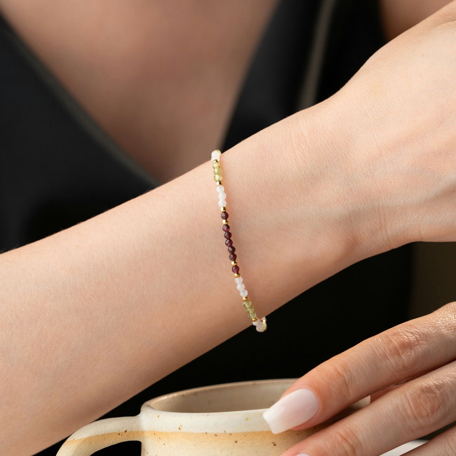 Skinny Moonstone, Garnet & Peridot Bracelet