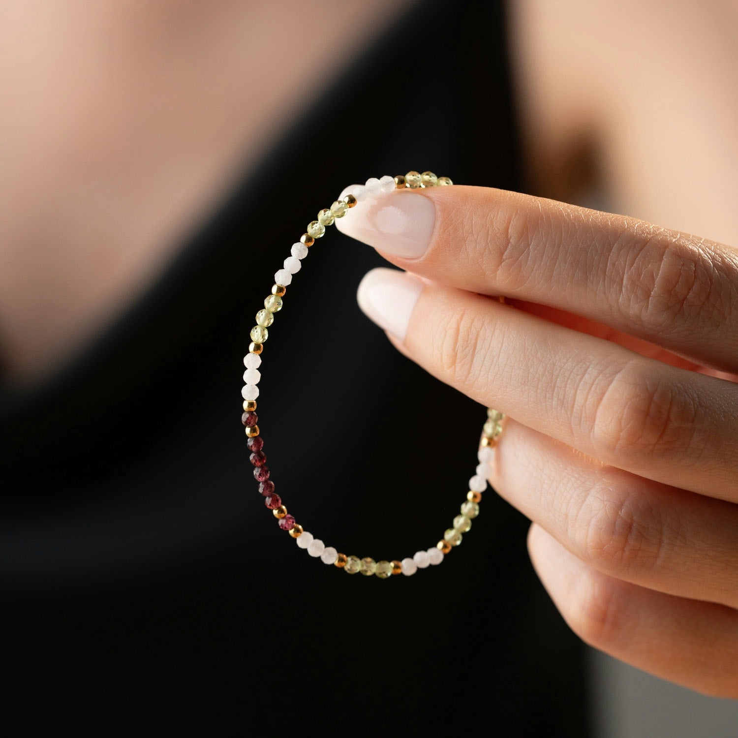 Skinny Moonstone, Garnet & Peridot Bracelet