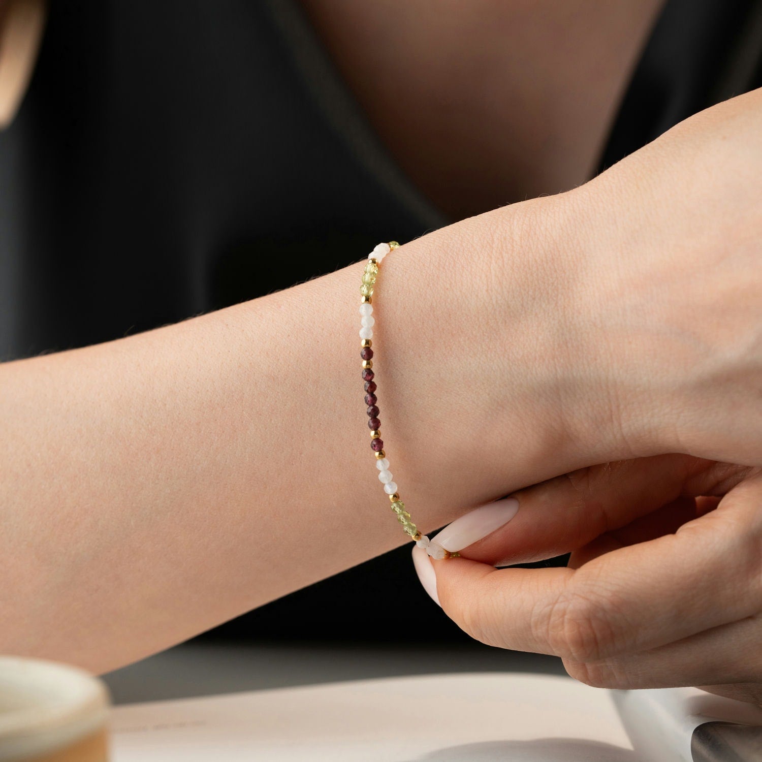 Skinny Moonstone, Garnet & Peridot Bracelet