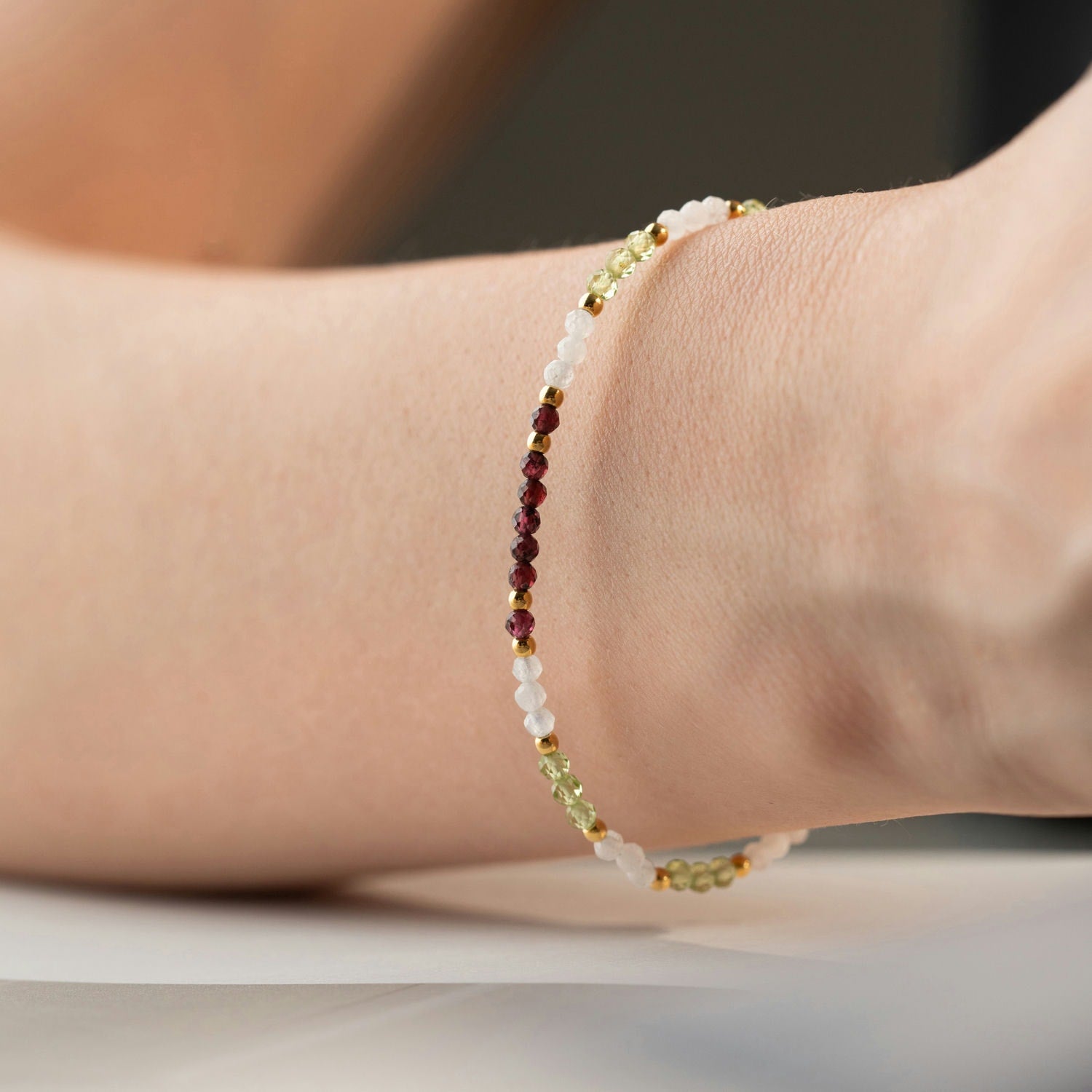 Skinny Moonstone, Garnet & Peridot Bracelet